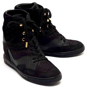 Louis Vuitton CLIFF Hightop Wedge Sneakers 38 Black Leather & Suede